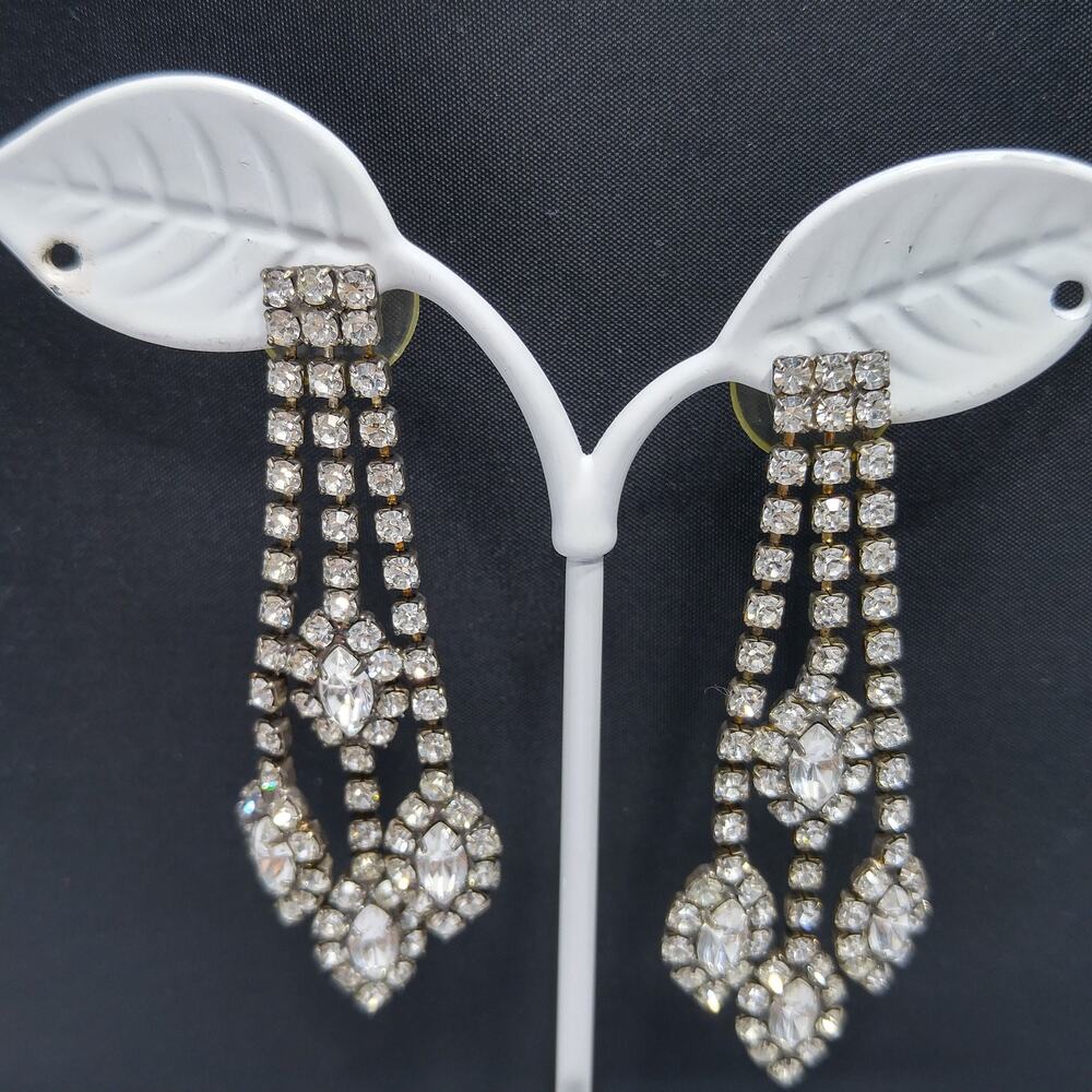 Vintage Clear Rhinestone Long Drop Post Earrings, Prong Set, 2 1/2 Inches